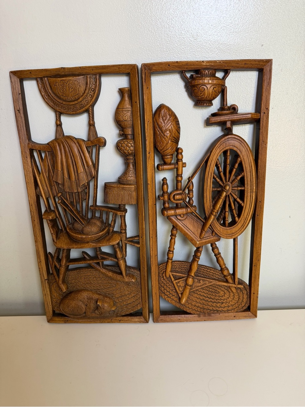 Vintage Burwood Wall Decor Plaques USA Cat Spinning Wheel Rocking Chair MCM